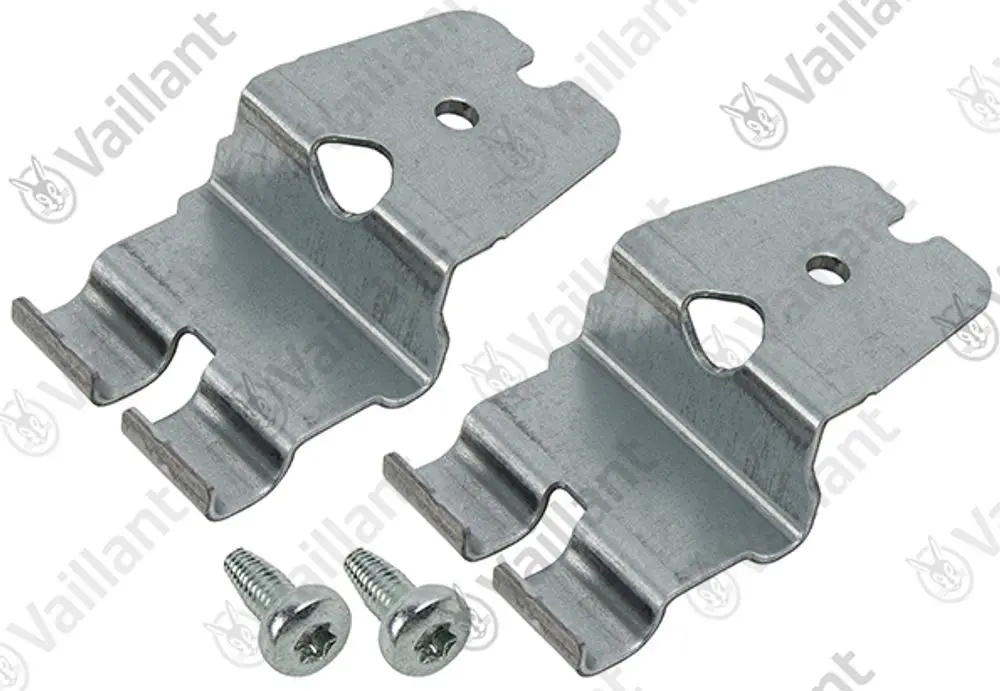 Zwei metallische Halterungen von Vaillant mit entsprechenden Schrauben. Die Halterungen haben eine spezielle Form zur sicheren Befestigung.